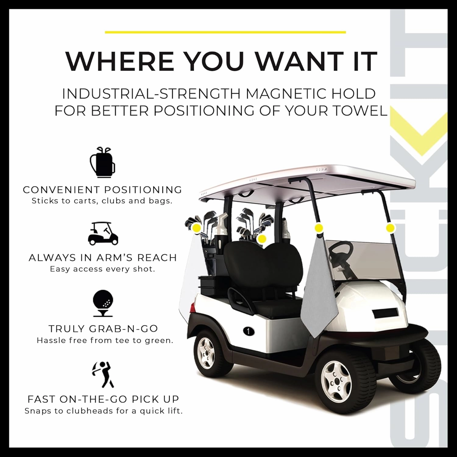 STICKIT Magnetic Towel, Black | Top-Tier Microfiber Golf Towel with Deep Waffle Pockets | Industrial Strength Magnet for Strong Hold to Golf Carts or Clubs