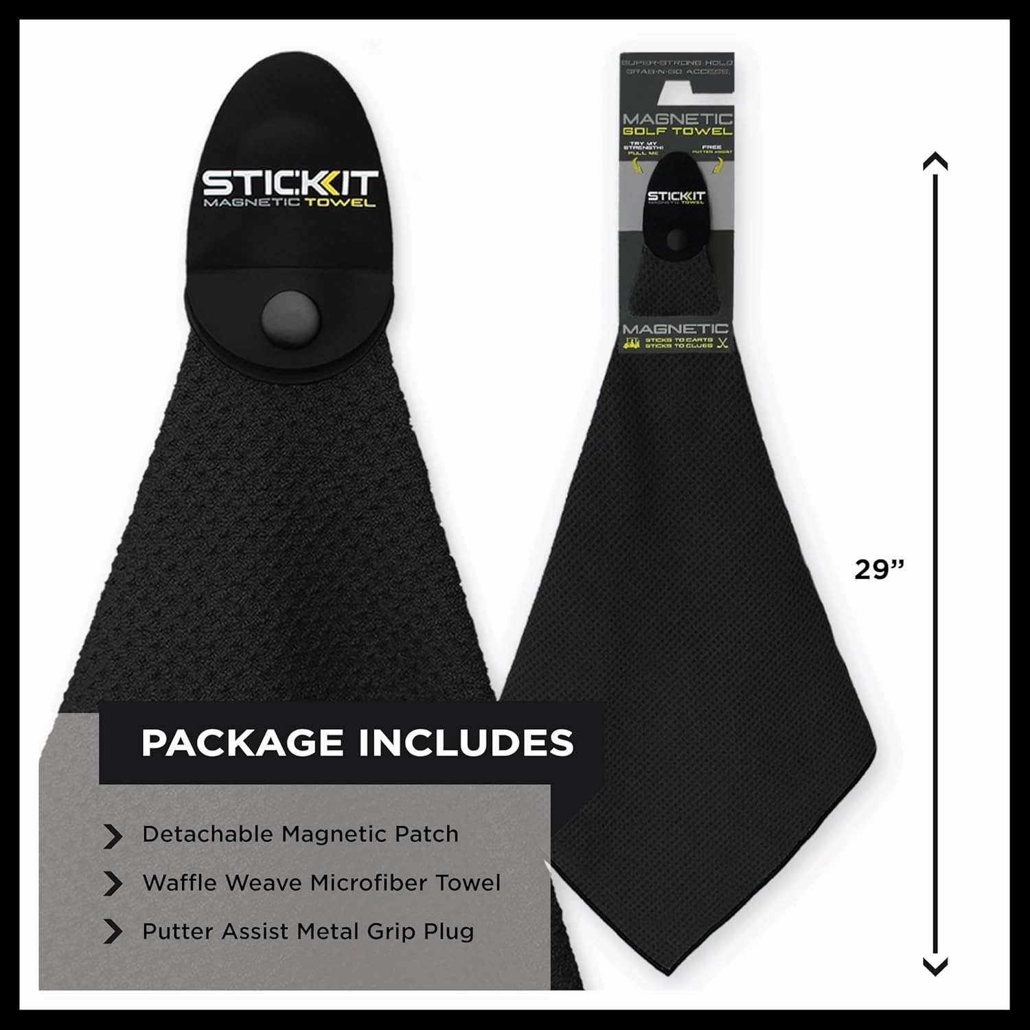 STICKIT Magnetic Towel, Black | Top-Tier Microfiber Golf Towel with Deep Waffle Pockets | Industrial Strength Magnet for Strong Hold to Golf Carts or Clubs