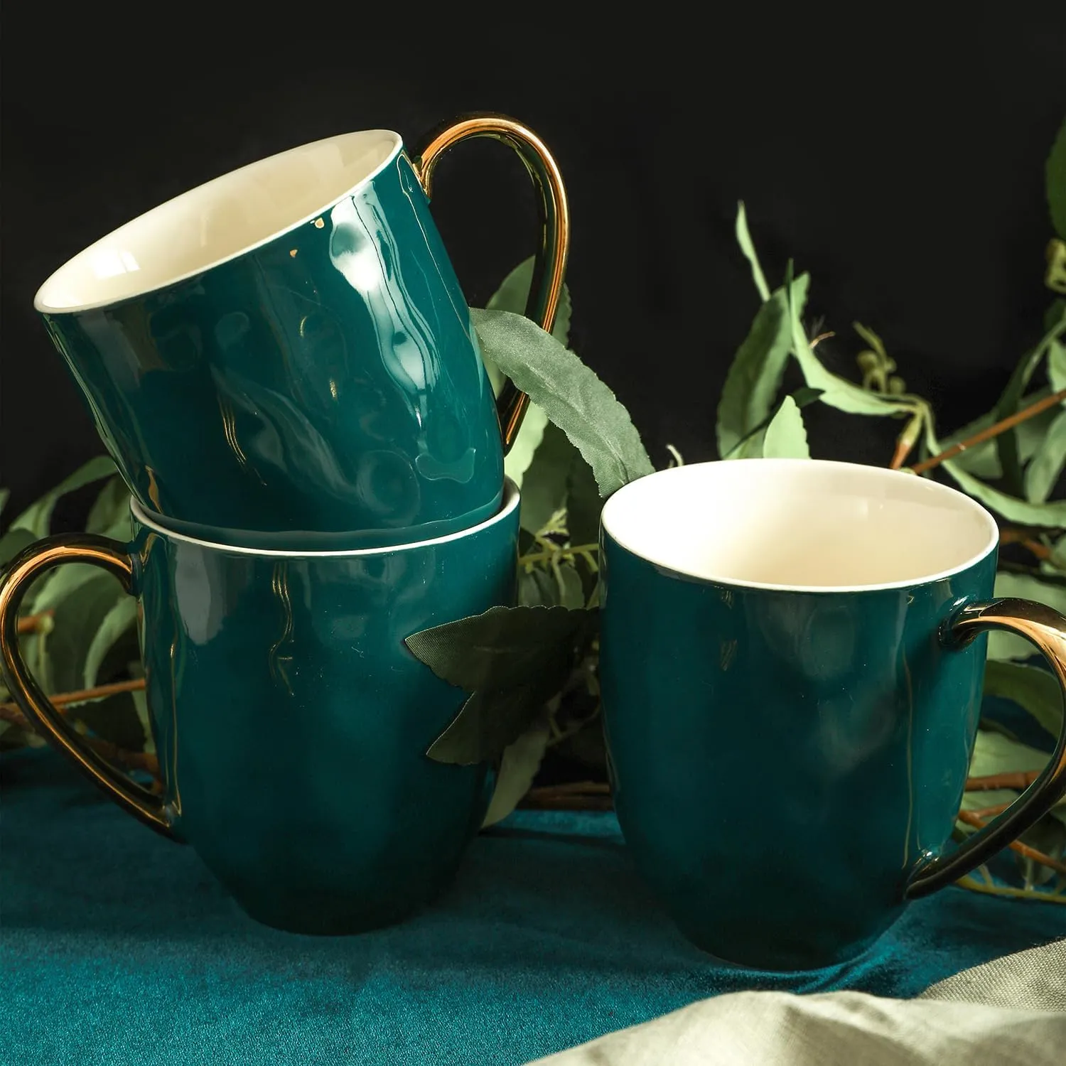 Stone Lain Florian Modern Porcelain 16 Piece Dinnerware Set, Plates and Bowls Set, Dish set for 4, Green and Golden Rim
