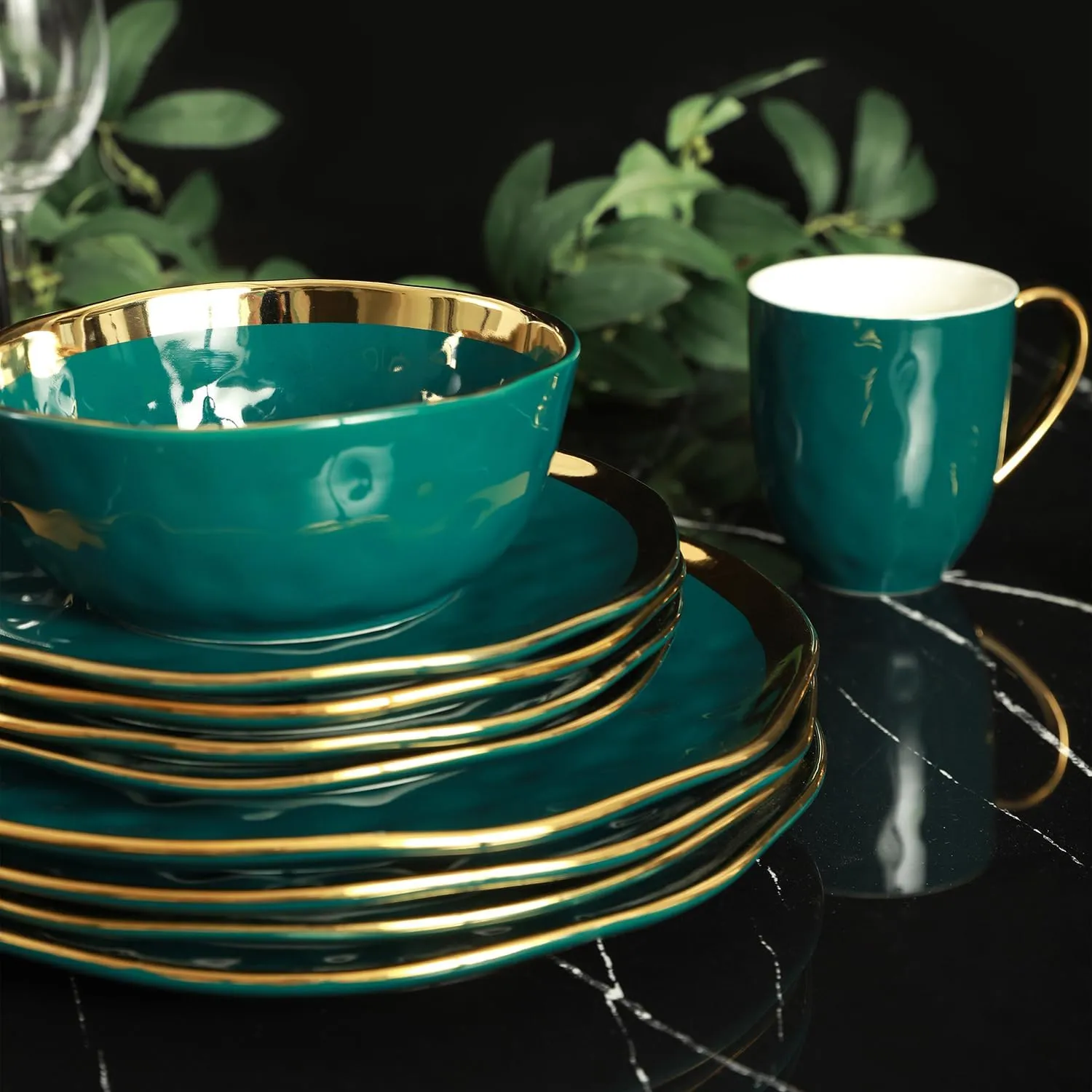 Stone Lain Florian Modern Porcelain 16 Piece Dinnerware Set, Plates and Bowls Set, Dish set for 4, Green and Golden Rim