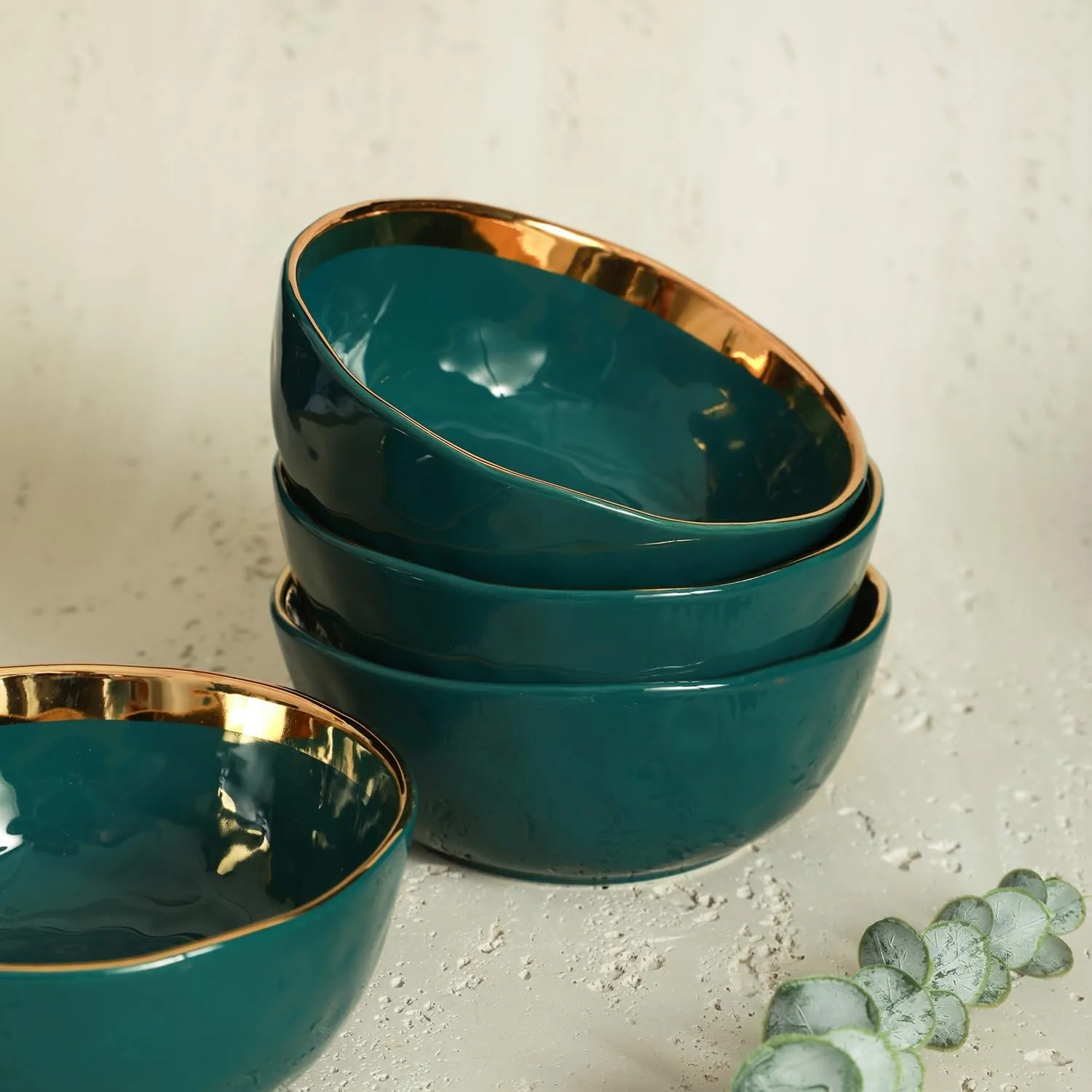 Stone Lain Florian Modern Porcelain 16 Piece Dinnerware Set, Plates and Bowls Set, Dish set for 4, Green and Golden Rim
