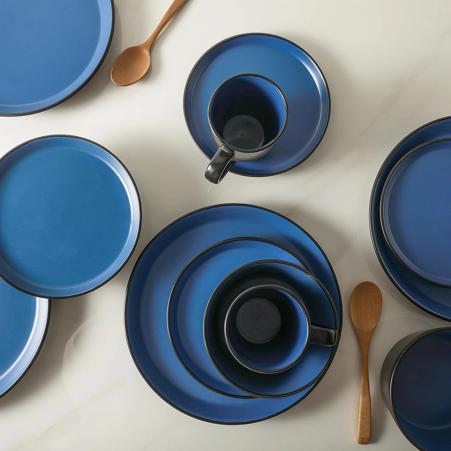Stone Lain Albie Stoneware 32-Piece Modern Dinnerware Set, Kitchen Plates and Bowls Sets, Dish Set for 8, Blue and Black