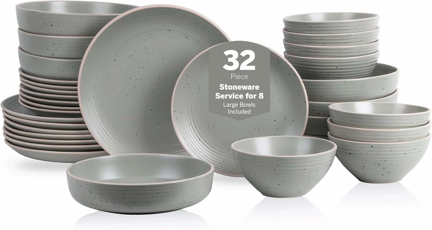 Stone Lain Lauren Stoneware, Rustic Plates and Bowls Set, Dinnerware, Service for 8, Speckled Green, Dishwasher & Microwave Safe, 32-Piece