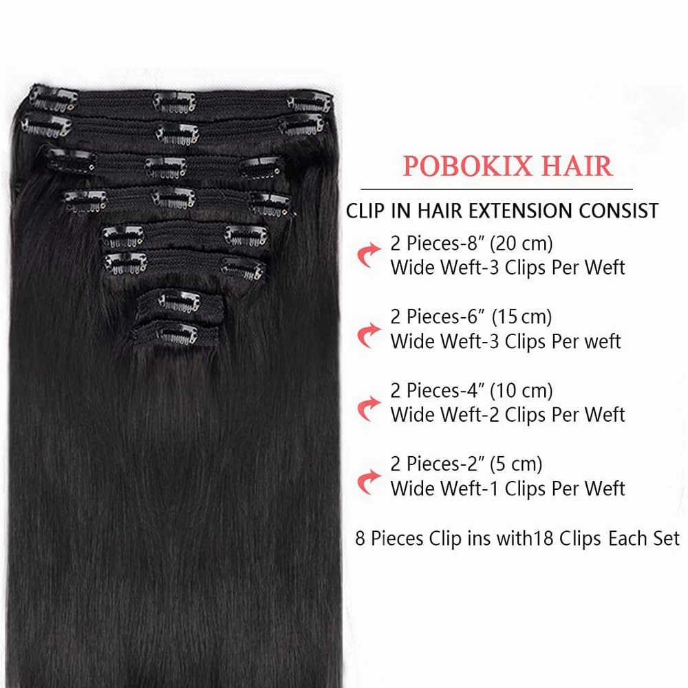 Straight Clip in Hair Extensions Real Human Hair 8Pcs Remy Human Hair Clip ins for Women, Natural Soft Silk Straight Human Hair 120g 20inch #1B Natural Black