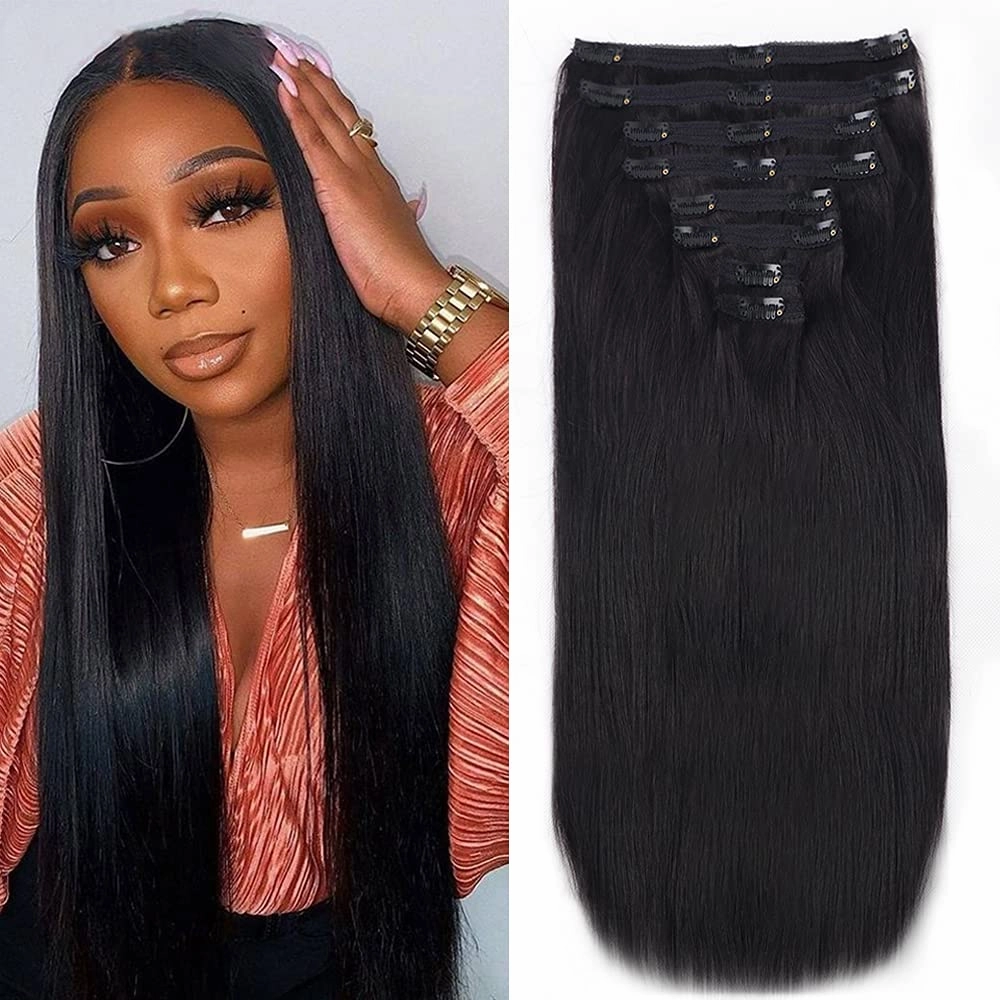Straight Clip in Hair Extensions Real Human Hair 8Pcs Remy Human Hair Clip ins for Women, Natural Soft Silk Straight Human Hair 120g 20inch #1B Natural Black