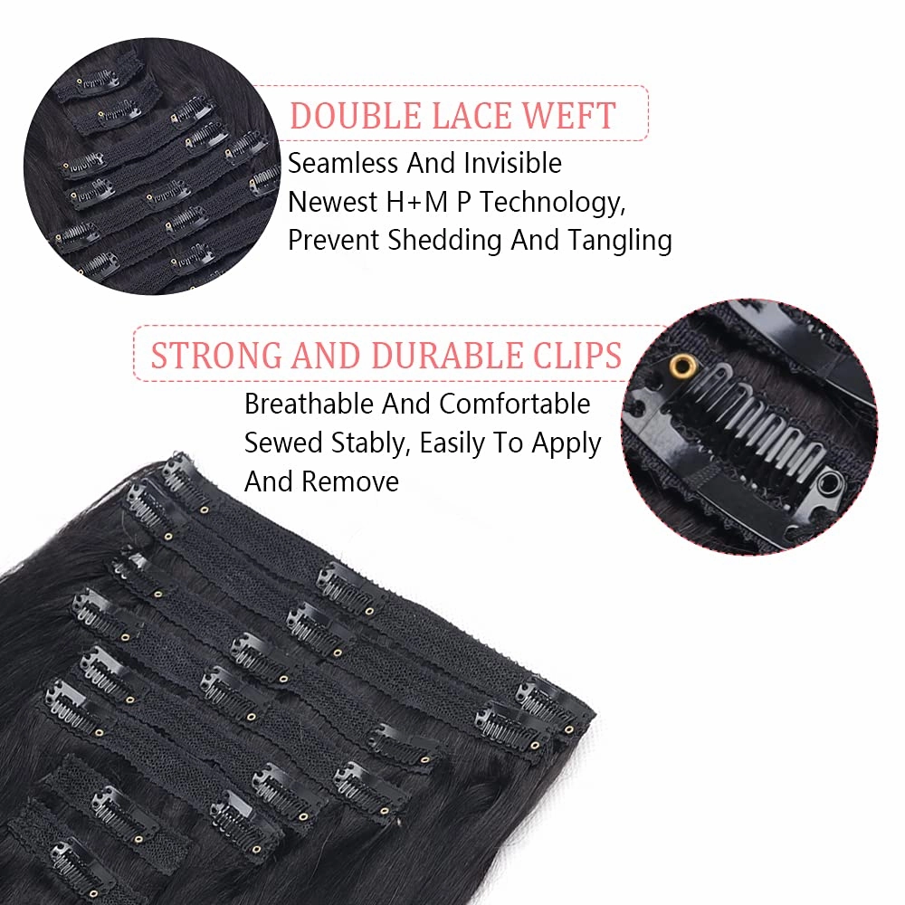 Straight Clip in Hair Extensions Real Human Hair 8Pcs Remy Human Hair Clip ins for Women, Natural Soft Silk Straight Human Hair 120g 20inch #1B Natural Black
