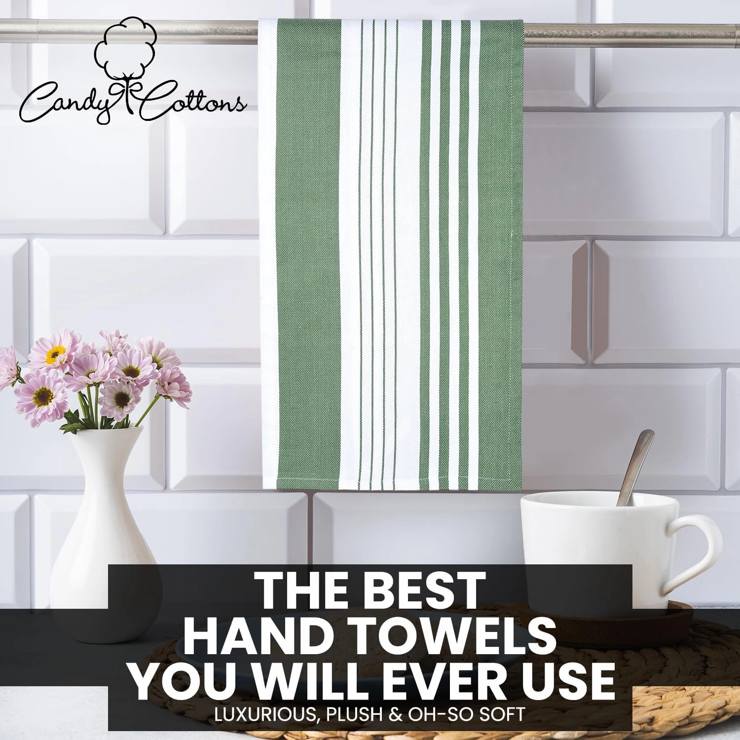 Stripe Kitchen Towels Decor Mordern Design Centreband Tea Dish Towels Boho Stripe Absorbent Festive Gift Set of 6 Pantry Reusable Kitchen Dish Towel|Easter Spring Decor 18x28 in Green