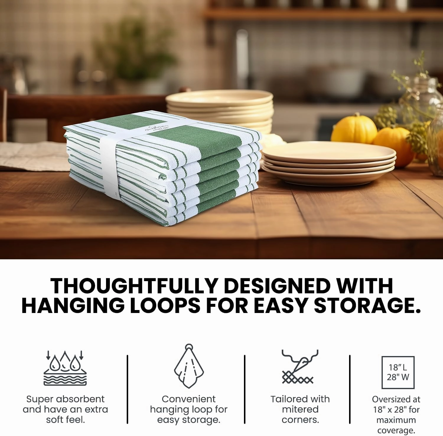 Stripe Kitchen Towels Decor Mordern Design Centreband Tea Dish Towels Boho Stripe Absorbent Festive Gift Set of 6 Pantry Reusable Kitchen Dish Towel|Easter Spring Decor 18x28 in Green