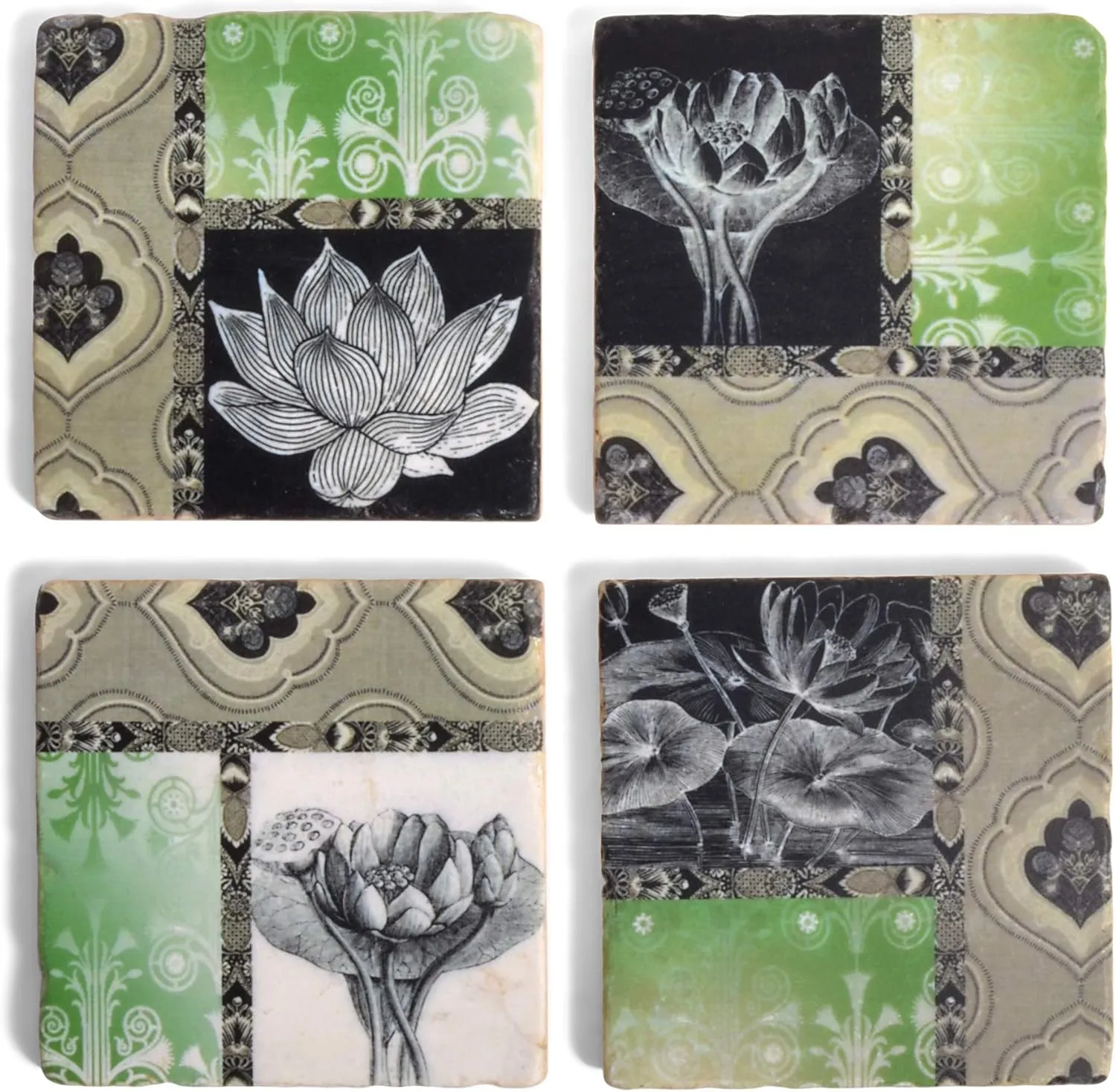 Studio Vertu Black and White Lotus Marble Coasters, Set of 4