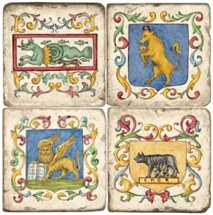 Studio Vertu, Set of 4, Ancient Italian Tiles Tumbled Botticino Marble 4.25" Coasters