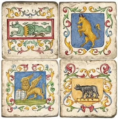 Studio Vertu, Set of 4, Ancient Italian Tiles Tumbled Botticino Marble 4.25" Coasters