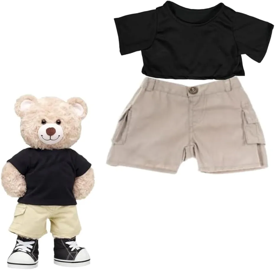 Stuffed Animals Dress Up Black T-Shirt & Cargo Shorts Outfit, Cute Build Bears Teddy Bears Clothes Fits Most 14"-18" Soft Toys