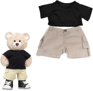 Stuffed Animals Dress Up Black T-Shirt & Cargo Shorts Outfit, Cute Build Bears Teddy Bears Clothes Fits Most 14"-18" Soft Toys