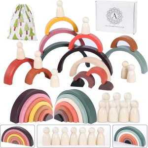 Stunning Boho Montessori Three Set Quality Pack. Includes 2X Rainbow Stackers, 7X Wood Peg Dolls, and Convenient Cute Carrybag Storage. Use for Neutral Rainbow Nursery Decor and Educational Toy.
