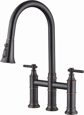 SUMERAIN Bridge Kitchen Faucet with Pull Down Sprayer, 3 Hole Kitchen Sink Faucet 2 Handle 8 Inch Faucet for Kitchen Sink Stainless Steel Oil Rubbed Bronze