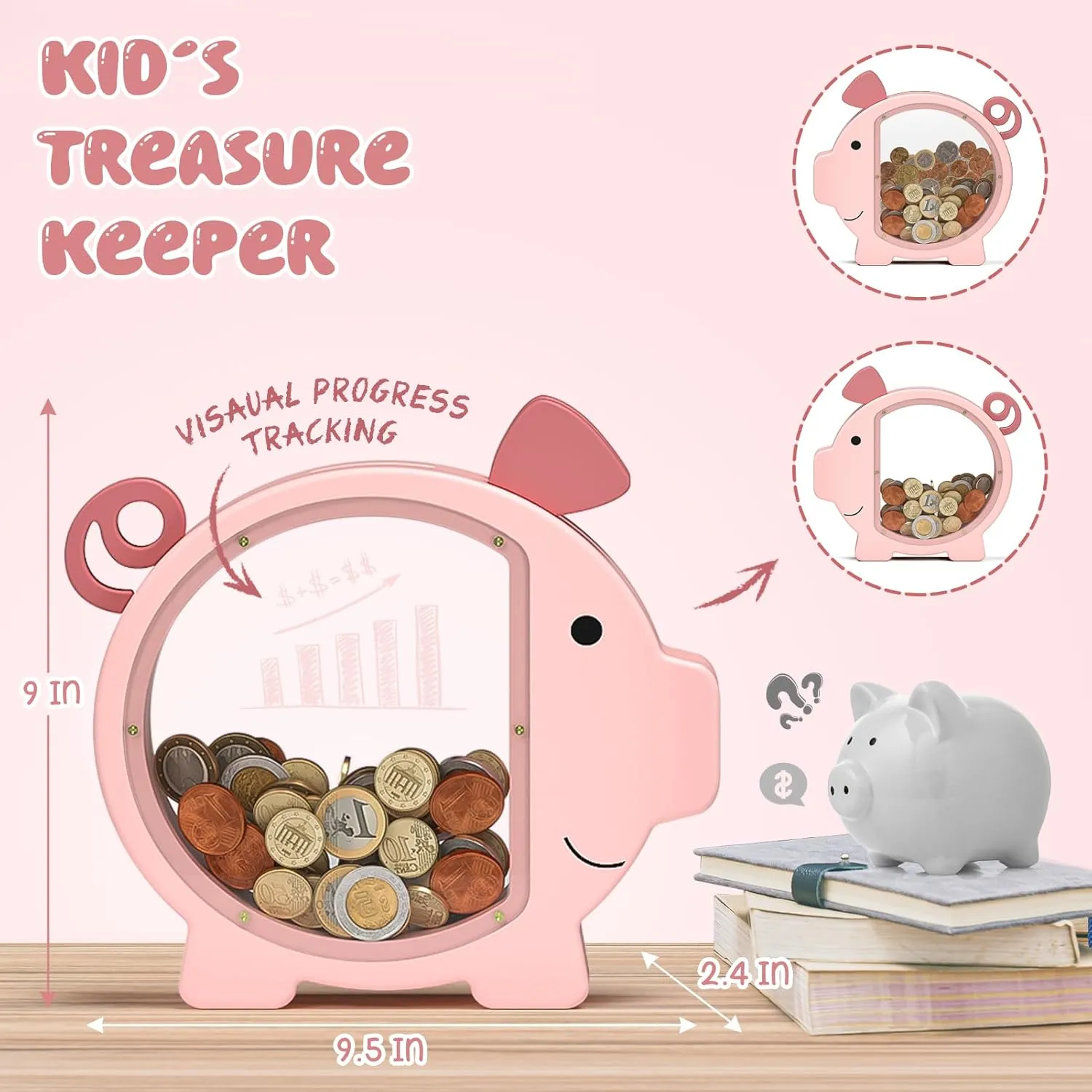 Summidate Pink Piggy Bank Girls, Unbreakable Wooden Piggy Bank for Kids, Cute Personalized Wood Money Bank with DIY Sticker, Creative Saving Money Box Birthday Decor(Patent Pending)