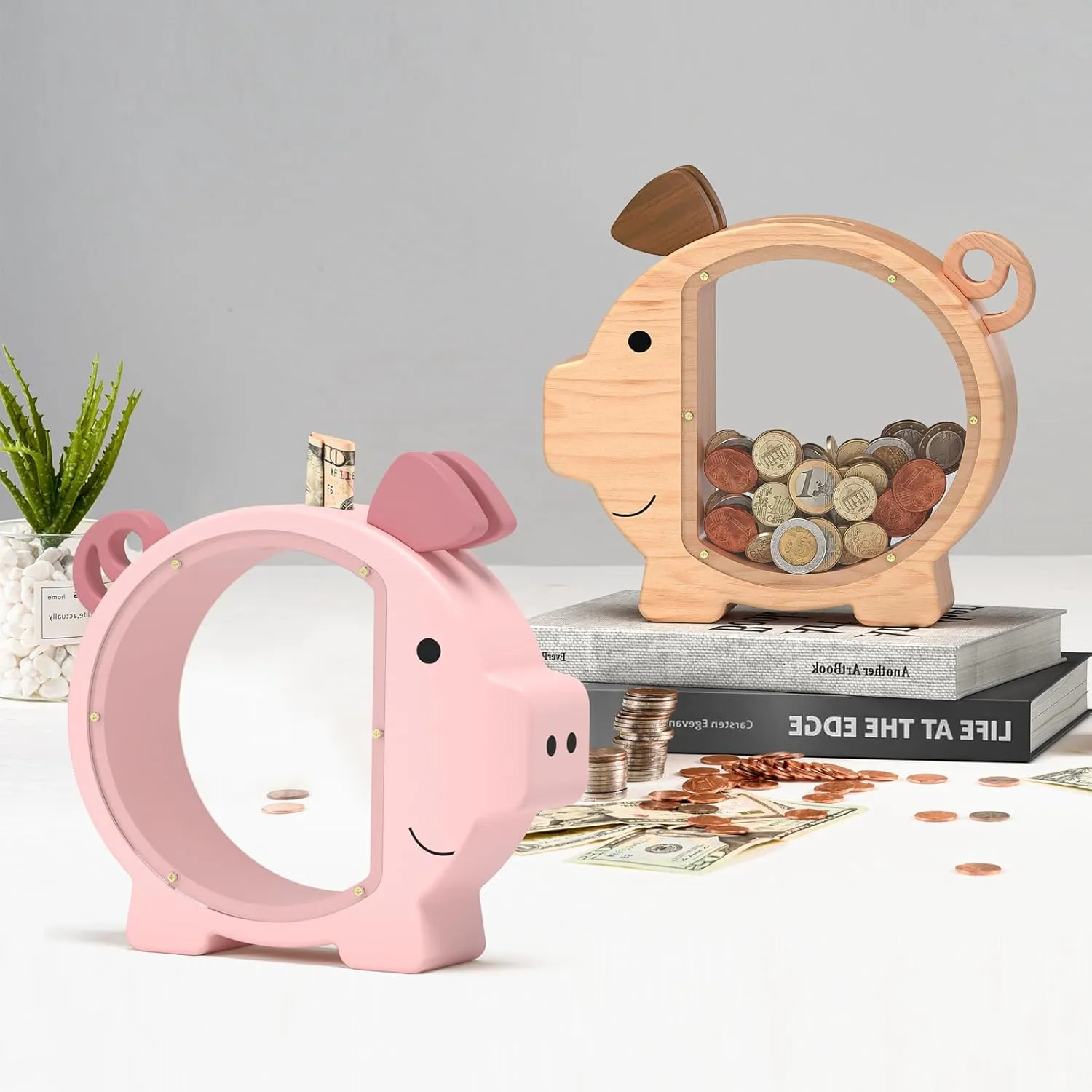 Summidate Pink Piggy Bank Girls, Unbreakable Wooden Piggy Bank for Kids, Cute Personalized Wood Money Bank with DIY Sticker, Creative Saving Money Box Birthday Decor(Patent Pending)