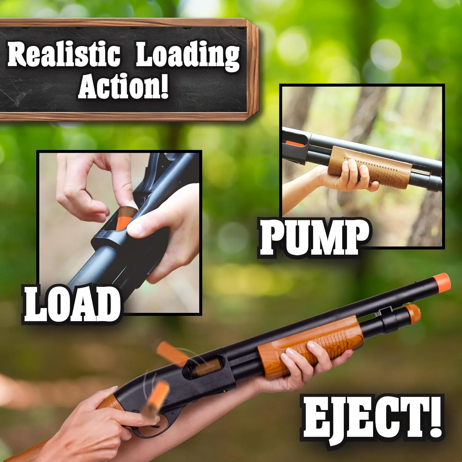 Sunny Days Entertainment Pump Action Blaster – with Realistic Sounds and Ejecting Play Shells | Hunting Role Play Toy | Cowboy Costume for Kids – Maxx Action, Wood Grain