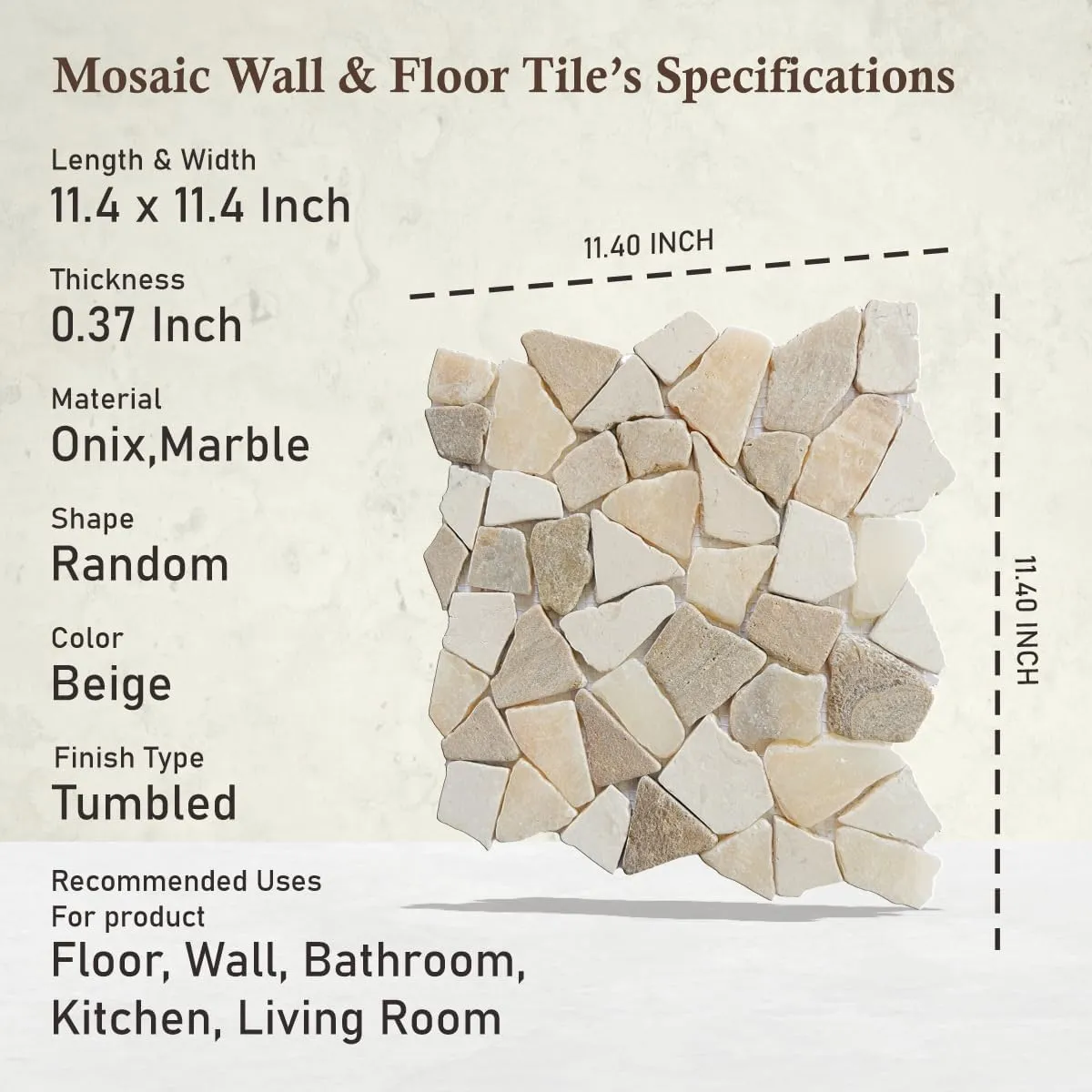 Sunset Random Mosaic, Tumbled Stone Back Splash Tiles for Kitchen Walls, Shower and Bathroom Floors, and Outdoor Areas (11.4" X 11.4")