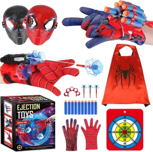 Superhero Spider Web String Launcher Slinging Toy Set, Includes 2 Web Shooters, 2 Gloves, 2 Hero Masks, 1 Dart Board and 1 Cape, Ideal for Kids Indoor Outdoor Imaginative Role-Playing