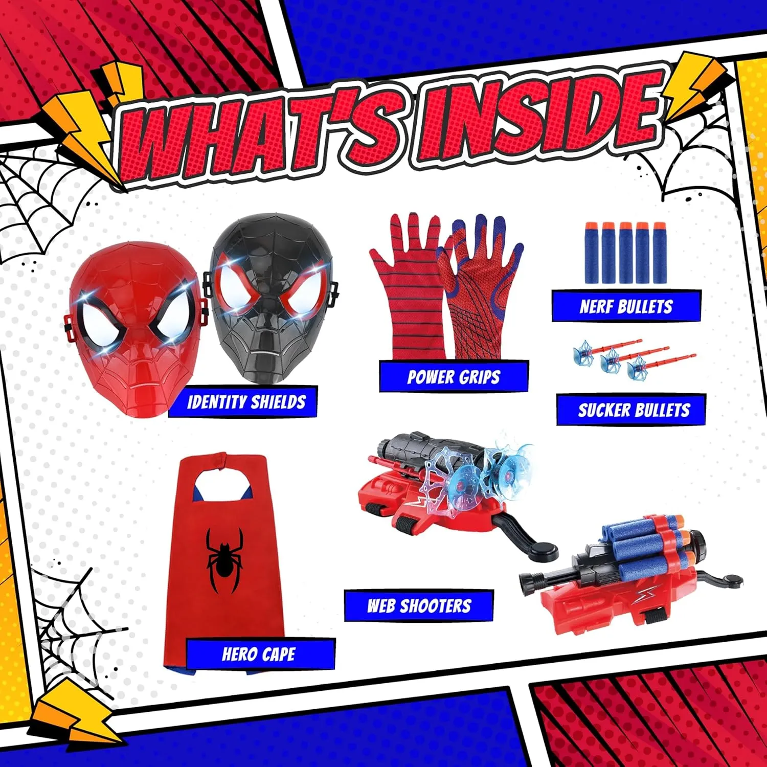 Superhero Web-Slinging Toy Set – 7-in-1 Superhero Set Includes 2 Web Shooters, 2 Hero Masks, 2 Gloves, and 1 Cape – Ideal for Indoor and Outdoor Costume Role-Playing, Imaginative Play for Kids Ages 3 