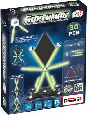 SUPERMAG - Glow 30 | Educational Construction Fun | 30 Piece Set | Europe-Made | STEM | Toy Magnetic Building Sets | Magnet Toys |Supermag 0657