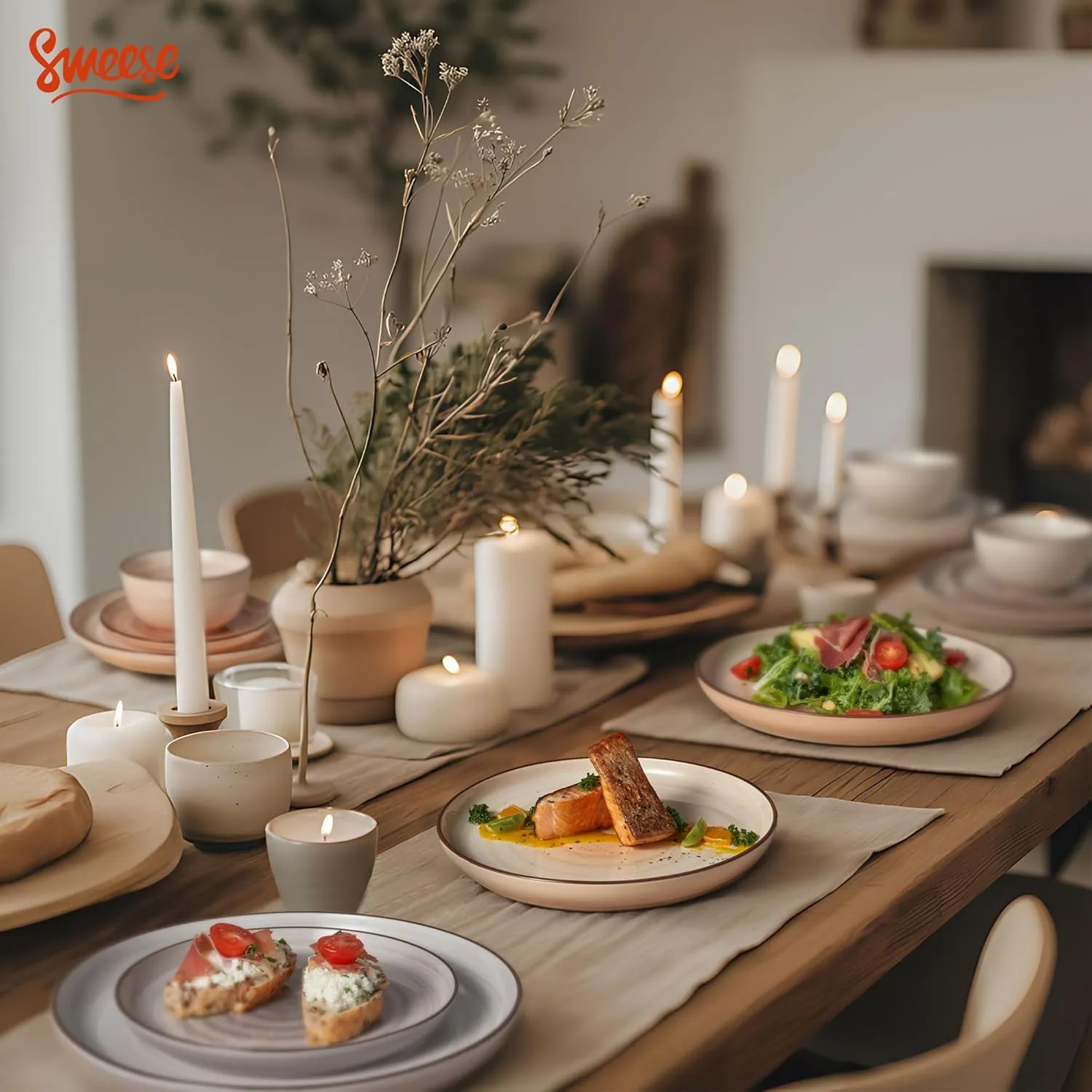 Sweese Plates and Bowls Sets, 18 Piece Dinnerware Set Porcelain Round Dinner Set for 6, Scratch Resistant Dishes Set, Dishwasher and Oven Microwave Safe Handpainted Swirl Dishware Sets, Neutral