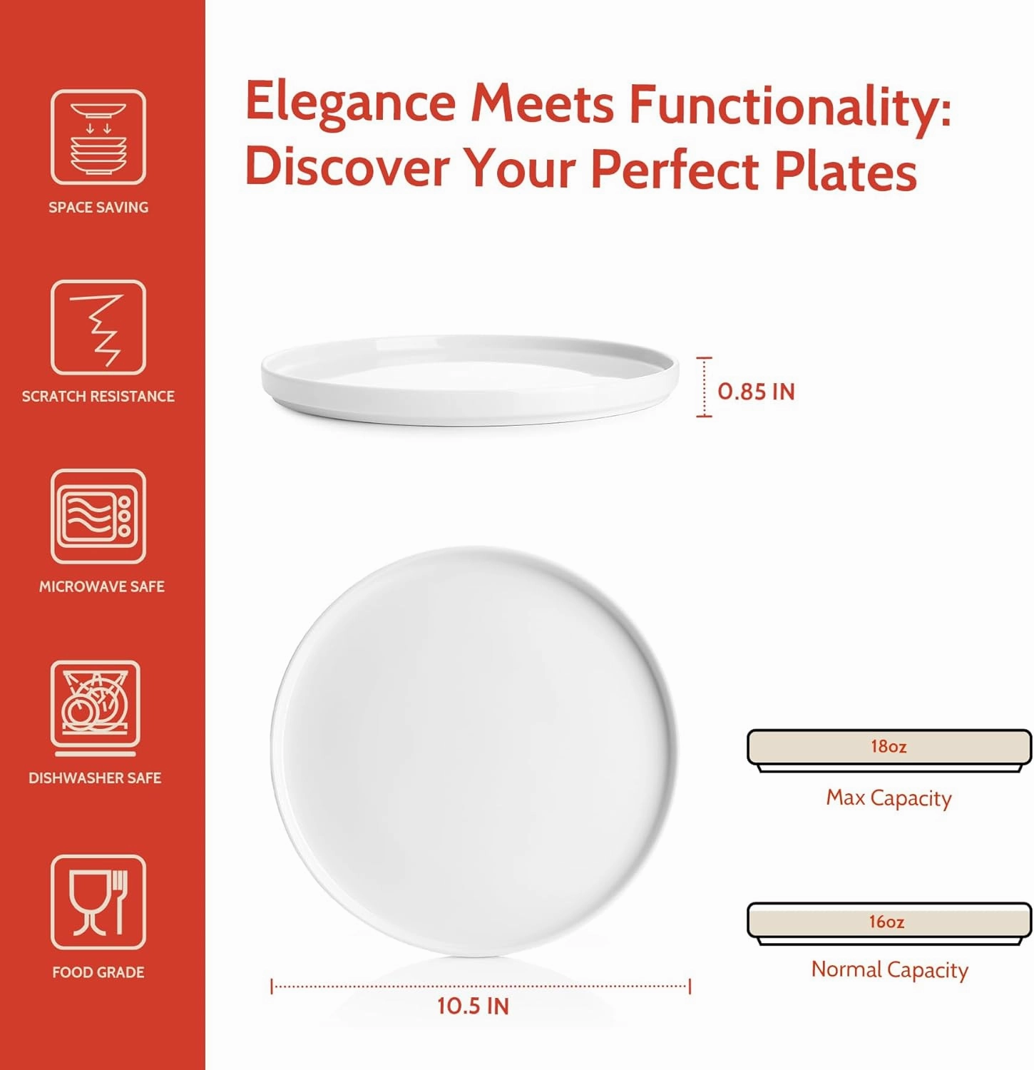 Sweese Porcelain Flat Dinner Plates Set of 6, 10.5 Inch High Edge Dish Set - Dishwasher, Microwave, Oven Safe, Scratch Resistant, Kitchen Serving Dishes - Elegant White Glaze