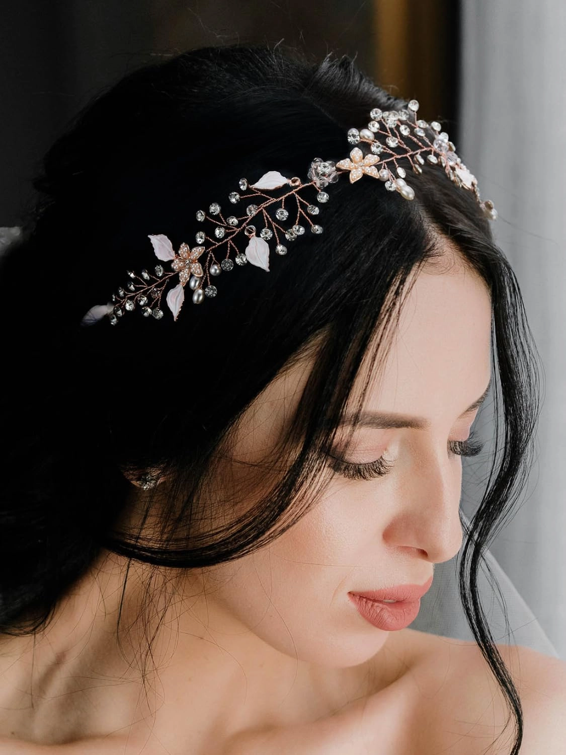 SWEETV Bridal Headband Wedding Headpiece for Bride Hair Accessories for Wedding Hair Pieces Crystal Pearl Hair Vine Rose Gold
