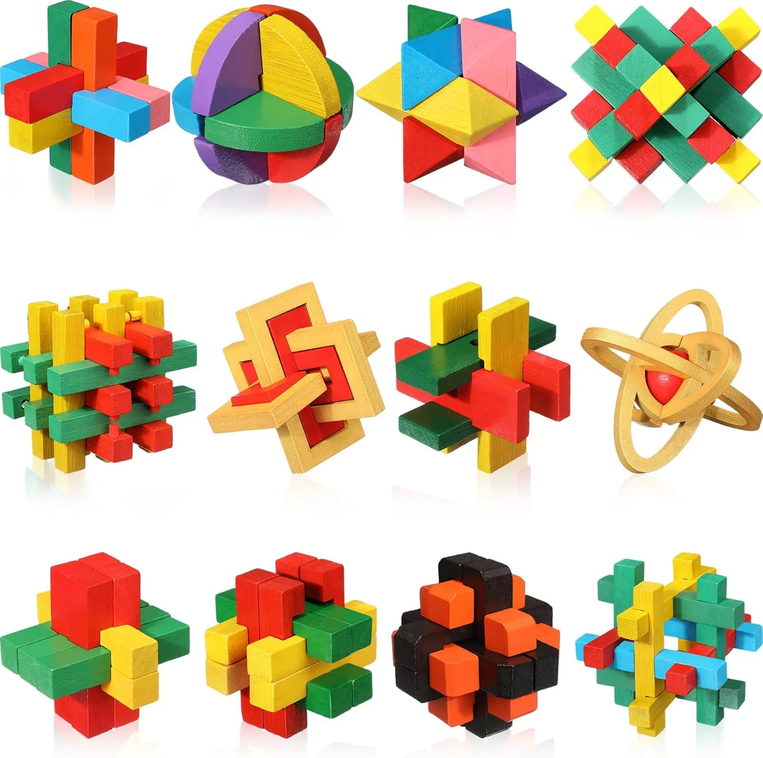 Syhood 12 Pcs Wooden Brain Teaser Puzzles 3D IQ Challenge Toy Games Logic Mind Smart Puzzle Box Lock Toy Brain Teaser Intellectual Removing Assembling Gift Set for Adults Teenagers