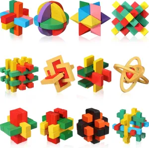 Syhood 12 Pcs Wooden Brain Teaser Puzzles 3D IQ Challenge Toy Games Logic Mind Smart Puzzle Box Lock Toy Brain Teaser Intellectual Removing Assembling Gift Set for Adults Teenagers