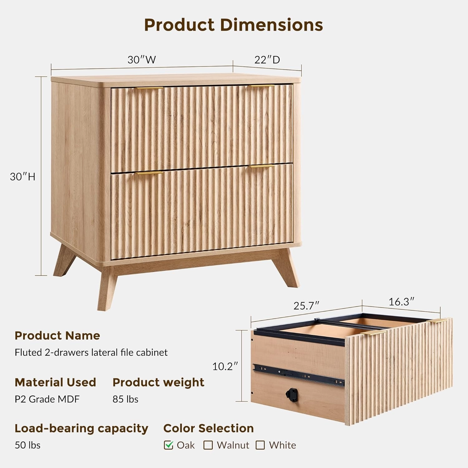 T4TREAM 2 Drawer File Cabinet, 30" Fluted Lateral File Cabinet W/Files Hanging Rod for Letter/Legal/A4, Large Tabletop for Printer, Wood Filing Cabinets for Home Office, Natrual Oak