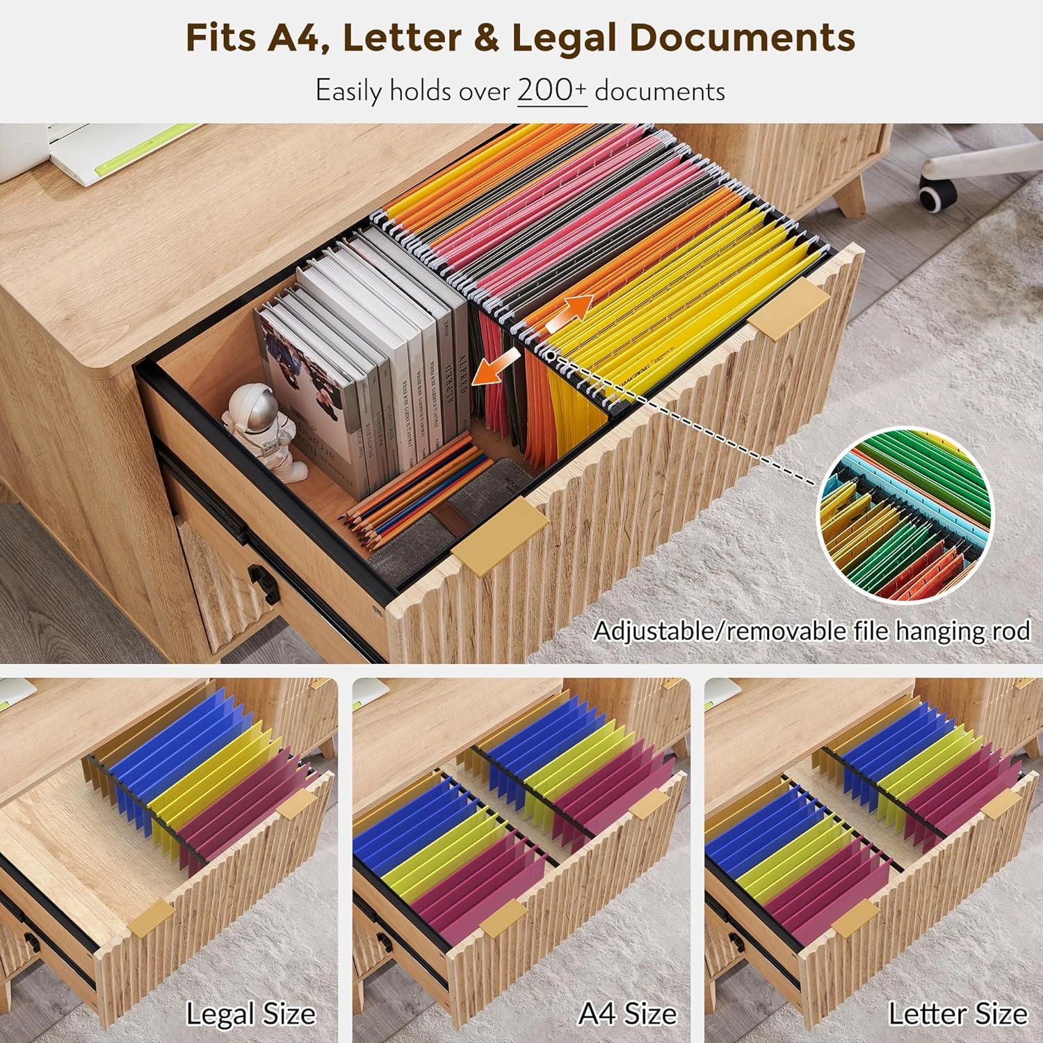 T4TREAM 2 Drawer File Cabinet, 30" Fluted Lateral File Cabinet W/Files Hanging Rod for Letter/Legal/A4, Large Tabletop for Printer, Wood Filing Cabinets for Home Office, Natrual Oak