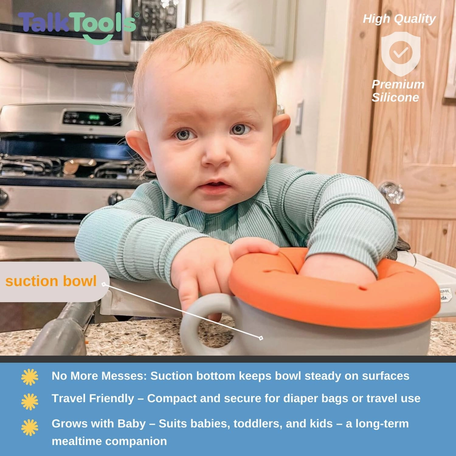 TalkTools Itsy Bowl with Locking Lid - Silicone Mixing Bowl Set for Newborn Essentials, Baby Boys, Toddlers, Kids - Suction Baby Bowls, Cereal Bowls, Snack Lid - Baby Essentials Must Haves (Sage)