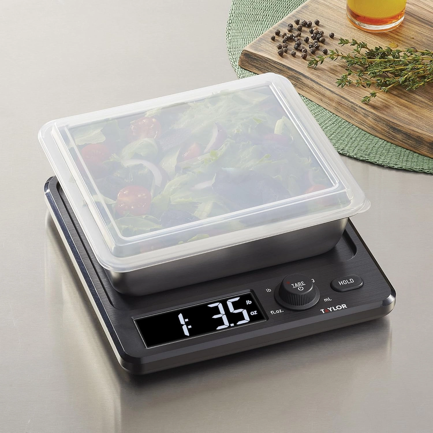 Taylor Digital Kitchen Scale with Dishwasher Safe Stainless Steel Container and Snap On, 22 pound capacity, Black