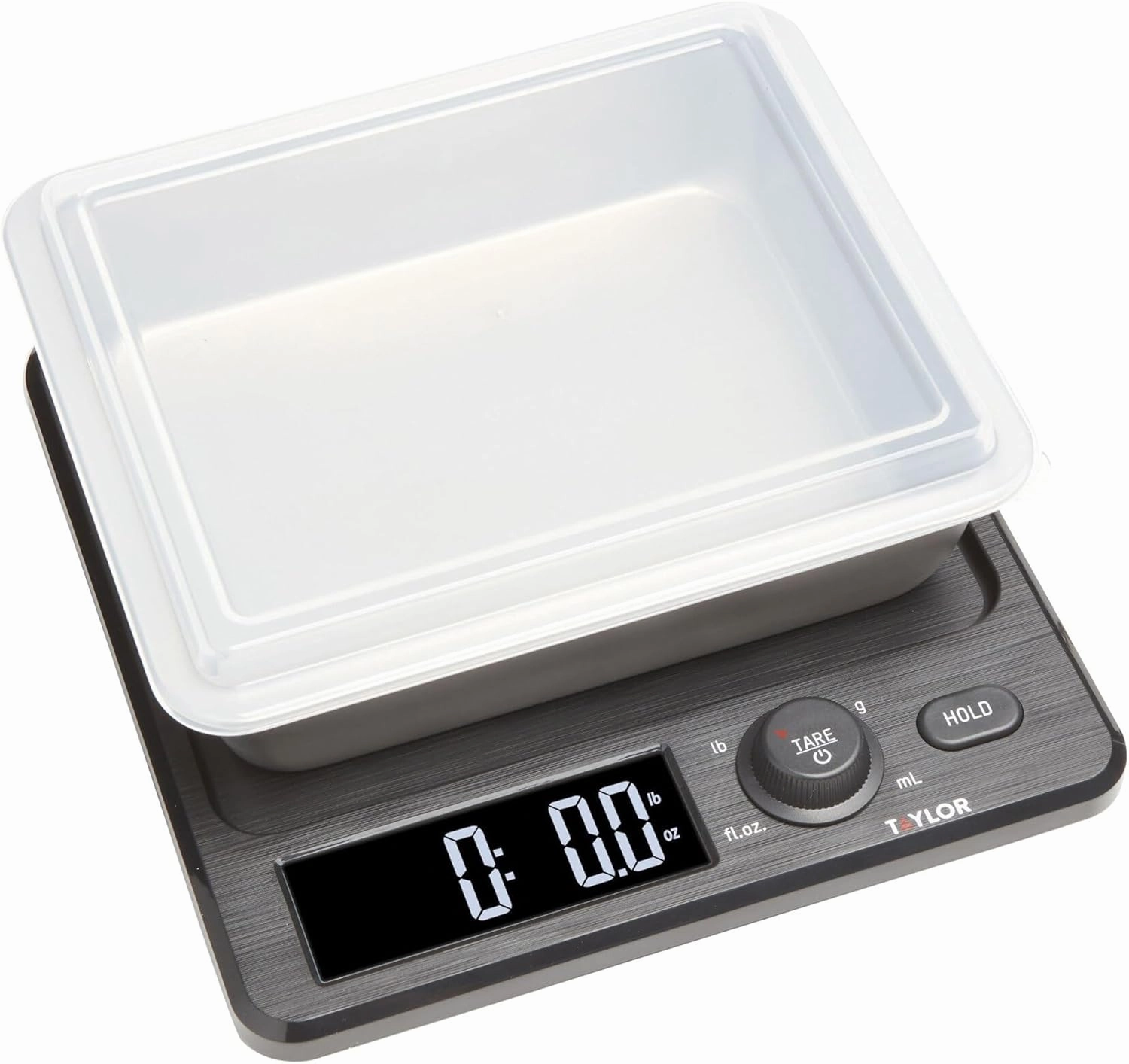 Taylor Digital Kitchen Scale with Dishwasher Safe Stainless Steel Container and Snap On, 22 pound capacity, Black