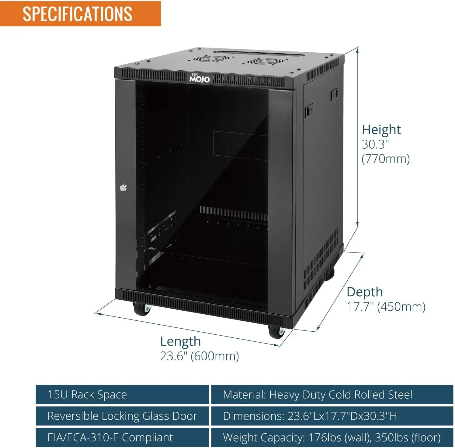 Tecmojo 15U Wall Mount Rack,15U Rack 17.7 Inch Depth,Hold Up to 176 Lbs,Enclosed Wall Mount Rack Kit for 19 Inch Network,Server and AV Gear,Glass Door(Elite Collection)