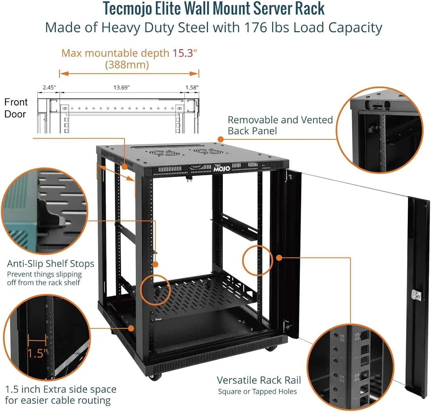 Tecmojo 15U Wall Mount Rack,15U Rack 17.7 Inch Depth,Hold Up to 176 Lbs,Enclosed Wall Mount Rack Kit for 19 Inch Network,Server and AV Gear,Glass Door(Elite Collection)