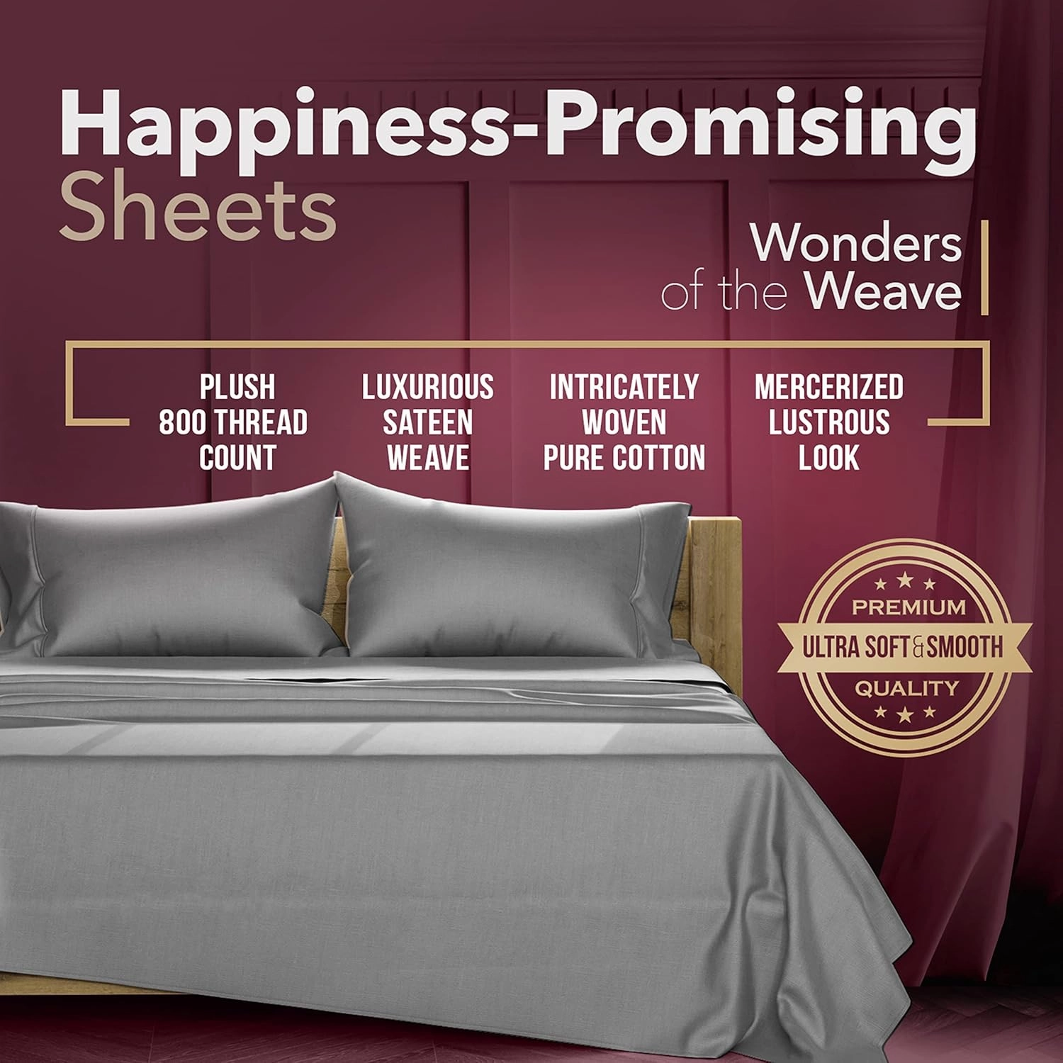 TEXAS LINEN CO. Egyptian Cotton Sheet Set - 800 TC 4 PC Dark Grey Queen Bedsheet for Queen Size Bed, Sateen Weave Luxury Hotel Sheets, Soft Cooling Sheets, 16" Deep Pocket (Fits Upto 18" Mattress)