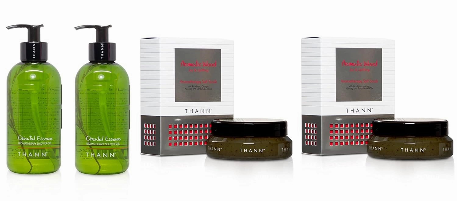 THANN Oriental Essence Shower Gel and Aromatic Wood Aromatherapy Salt Scrub Set.