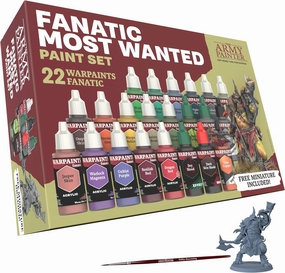The Army Painter Warpaints Fanatic Most Wanted Combo Set, 22 paints - 16 Acrylic Colours, 2 Metallics, 2 Effects, 1 Wash, 1 Brush-On Primer, 1 Free Miniature Figure & Brush