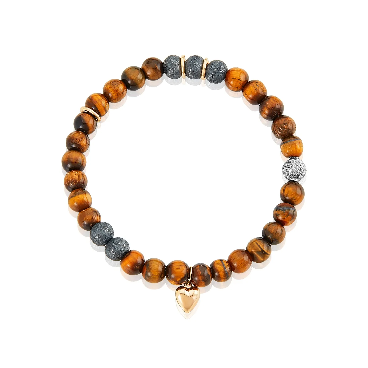Tiger Eye Beaded Stackable Bracelet with Heart Charm