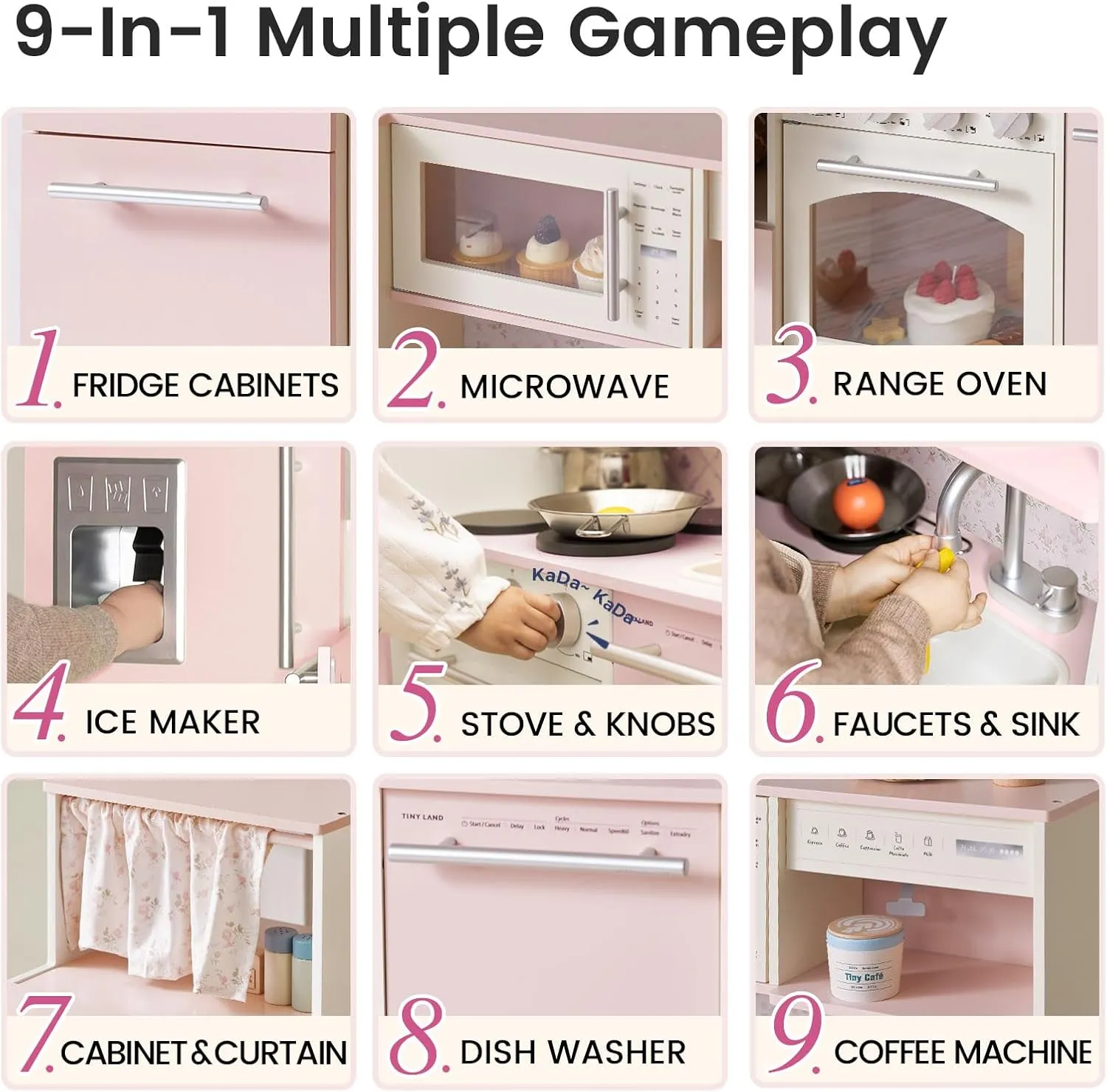 Tiny Land Play Kitchen for Kids, Upgraded Wooden Kitchen Toy with Complete Play Areas, Pretend Cooking Set with Sink, Stove, Microwave, Toy Coffee Station & Storage for Kids Ages 3 