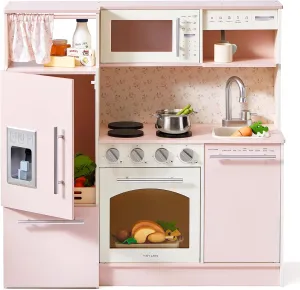 Tiny Land Play Kitchen for Kids, Upgraded Wooden Kitchen Toy with Complete Play Areas, Pretend Cooking Set with Sink, Stove, Microwave, Toy Coffee Station & Storage for Kids Ages 3 