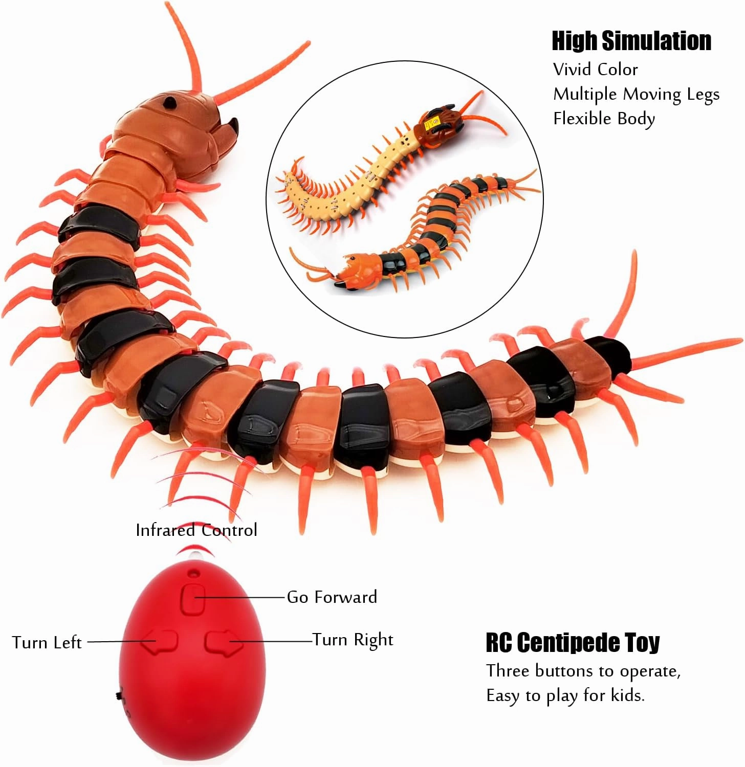 Tipmant Realistic RC Centipede Scolopendra Toy Infrared Remote Control Animal Vehicle Car Scary Prank Kids Birthday Gifts (Orang Stripe)