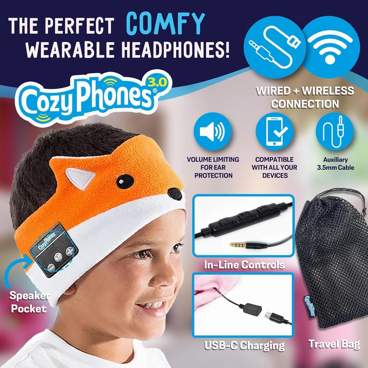 Toddler Headphones Wireless, Kids Bluetooth Earphones, Safe Volume - Wired School Headphones for Kids with 3.5 MM Jack and Travel Bag - Toddler Airplane Accessories for Boys & Girls - Fox