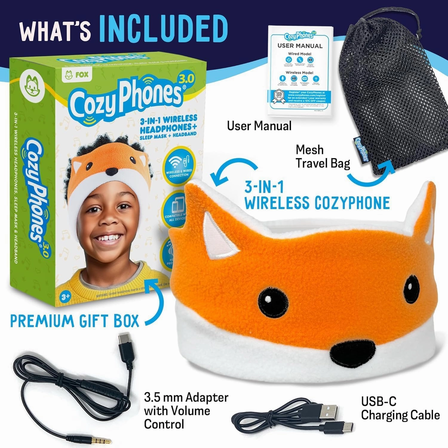 Toddler Headphones Wireless, Kids Bluetooth Earphones, Safe Volume - Wired School Headphones for Kids with 3.5 MM Jack and Travel Bag - Toddler Airplane Accessories for Boys & Girls - Fox