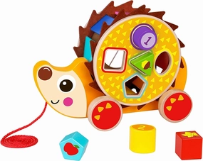TOOKYLAND Wooden Hedgehog Pull Toy - 7pcs Pull-Along with Shapes Sorter, Ages 12m 