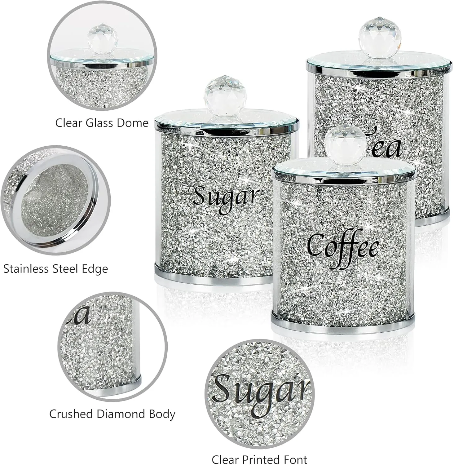 Topsky Coffee Sugar Tea Crystal Canister Set of 3,Sparkly Crystal Crushed Diamonds Home Decor,Silver Kitchen Coffee Jar Storage Set with Label & Lid,Storage Container Set for Countertop,Dining Room