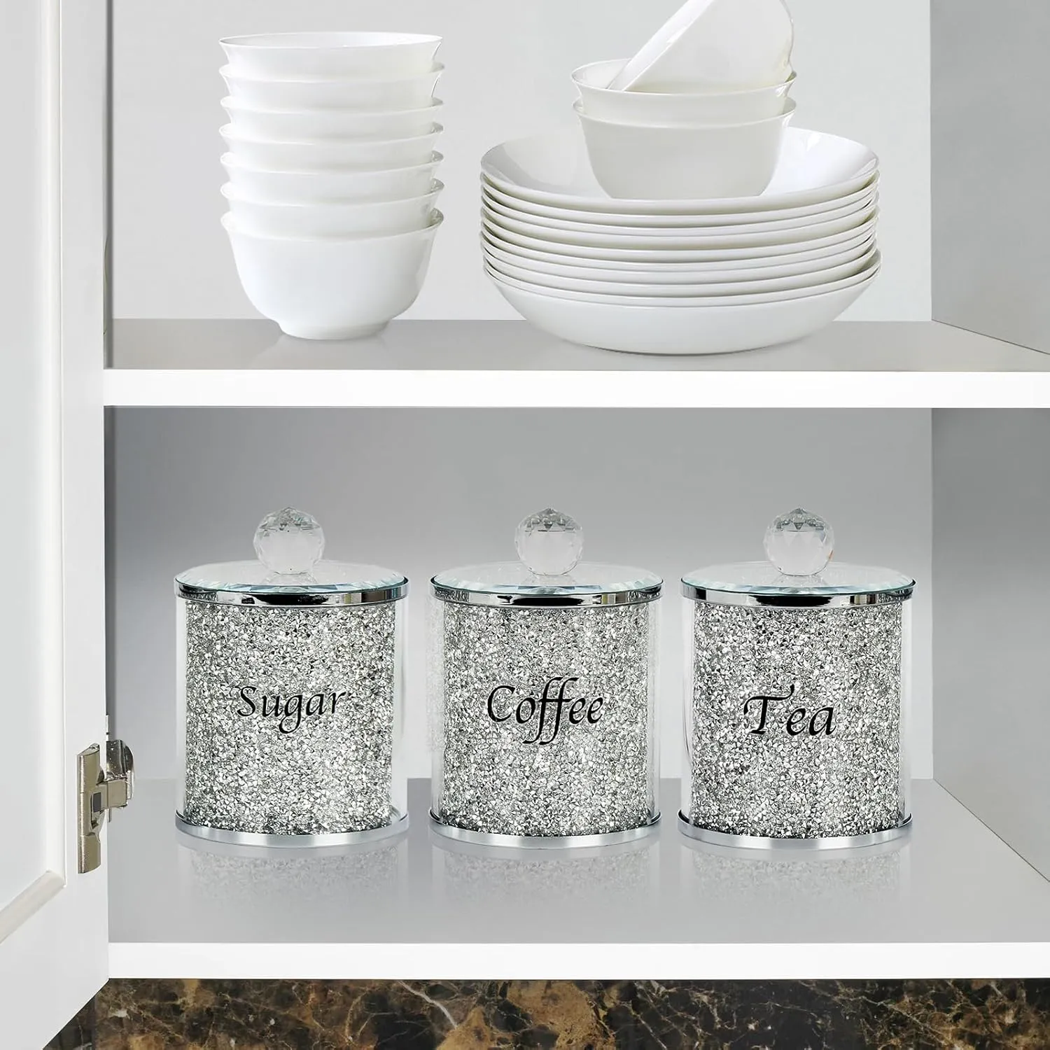 Topsky Coffee Sugar Tea Crystal Canister Set of 3,Sparkly Crystal Crushed Diamonds Home Decor,Silver Kitchen Coffee Jar Storage Set with Label & Lid,Storage Container Set for Countertop,Dining Room